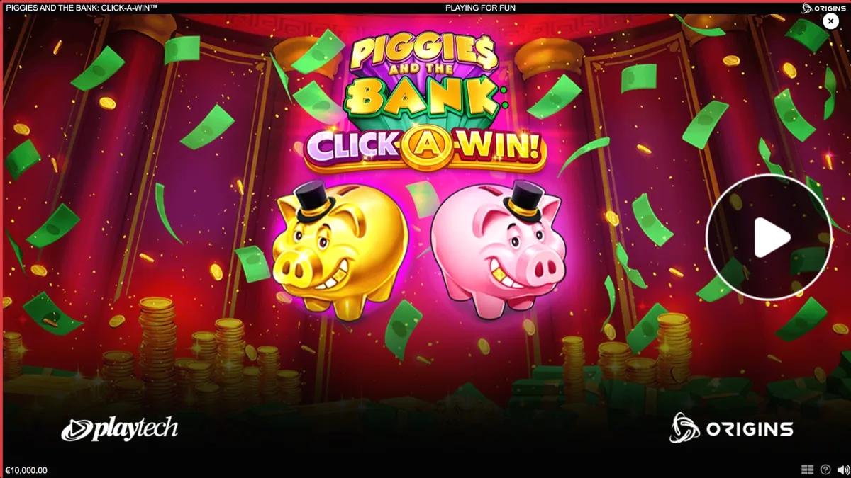 Piggies and the Bank: Click-A-Win slot machine interface featuring a dapper piggy bank.