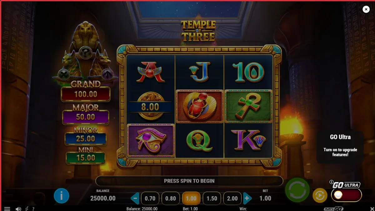 Temple of Three slot game background featuring Egyptian deities and golden treasure
