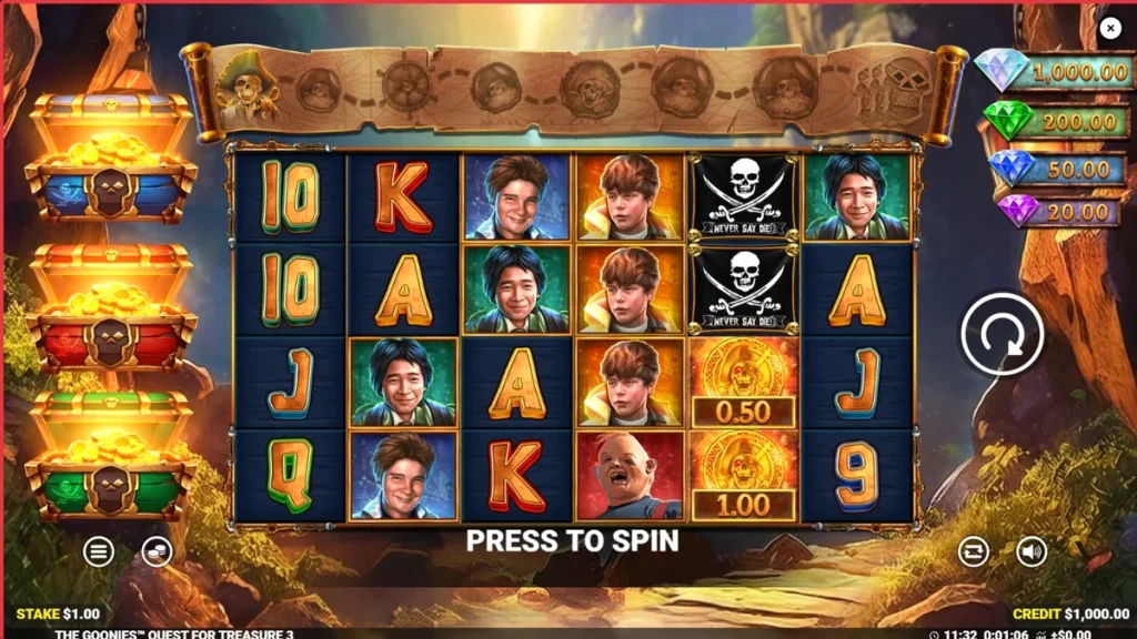 The Goonies Quest for Treasure 3 slot game interface featuring iconic characters and pirate treasure theme